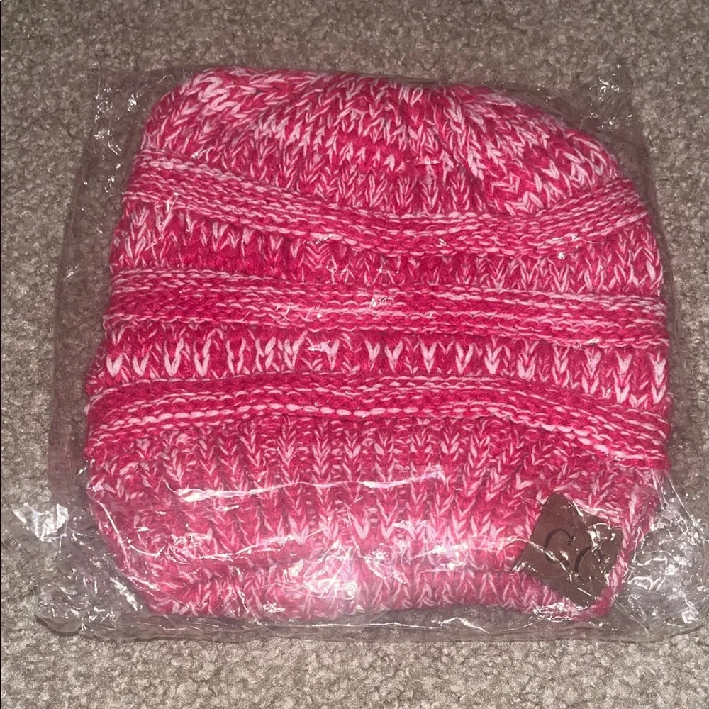 C.C Vibrant Pink Knit Beanie Ponytail Style New in Package